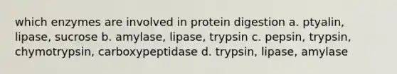 which enzymes are involved in protein digestion a. ptyalin, lipase, sucrose b. amylase, lipase, trypsin c. pepsin, trypsin, chymotrypsin, carboxypeptidase d. trypsin, lipase, amylase