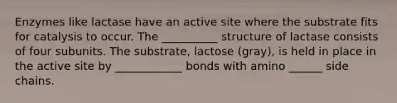 Enzymes like lactase have an active site where the substrate fits for catalysis to occur. The __________ structure of lactase consists of four subunits. The substrate, lactose (gray), is held in place in the active site by ____________ bonds with amino ______ side chains.