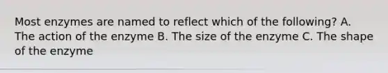 Most enzymes are named to reflect which of the following? A. The action of the enzyme B. The size of the enzyme C. The shape of the enzyme
