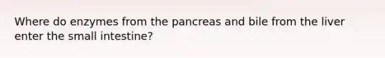 Where do enzymes from the pancreas and bile from the liver enter the small intestine?