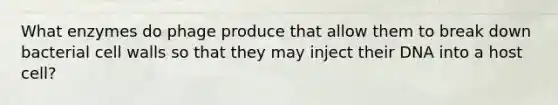 What enzymes do phage produce that allow them to break down bacterial cell walls so that they may inject their DNA into a host cell?