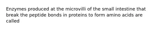 Enzymes produced at the microvilli of <a href='https://www.questionai.com/knowledge/kt623fh5xn-the-small-intestine' class='anchor-knowledge'>the small intestine</a> that break the peptide bonds in proteins to form <a href='https://www.questionai.com/knowledge/k9gb720LCl-amino-acids' class='anchor-knowledge'>amino acids</a> are called