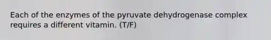 Each of the enzymes of the pyruvate dehydrogenase complex requires a different vitamin. (T/F)