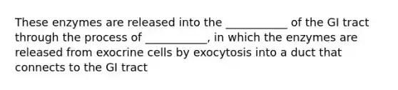 These enzymes are released into the ___________ of the GI tract through the process of ___________, in which the enzymes are released from exocrine cells by exocytosis into a duct that connects to the GI tract