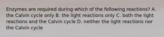 Enzymes are required during which of the following reactions? A. the Calvin cycle only B. the light reactions only C. both the light reactions and the Calvin cycle D. neither the light reactions nor the Calvin cycle