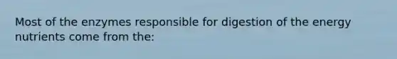 Most of the enzymes responsible for digestion of the energy nutrients come from the: