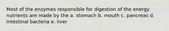 Most of the enzymes responsible for digestion of the energy nutrients are made by the a. stomach b. mouth c. pancreas d. intestinal bacteria e. liver