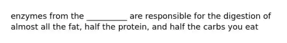 enzymes from the __________ are responsible for the digestion of almost all the fat, half the protein, and half the carbs you eat