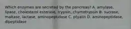 Which enzymes are secreted by the pancreas? A. amylase, lipase, cholesterol esterase, trypsin, chymotrypsin B. sucrose, maltase, lactase, aminopeptidase C. ptyalin D. aminopeptidase, dipeptidase