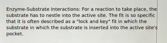 Enzyme-Substrate Interactions: For a reaction to take place, the substrate has to nestle into the active site. The fit is so specific that it is often described as a "lock and key" fit in which the substrate in which the substrate is inserted into the active site's pocket.