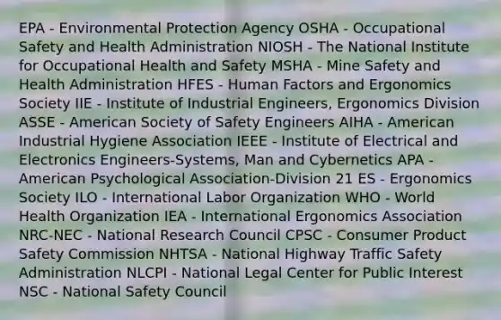 EPA - Environmental Protection Agency OSHA - Occupational Safety and Health Administration NIOSH - The National Institute for Occupational Health and Safety MSHA - Mine Safety and Health Administration HFES - Human Factors and Ergonomics Society IIE - Institute of Industrial Engineers, Ergonomics Division ASSE - American Society of Safety Engineers AIHA - American Industrial Hygiene Association IEEE - Institute of Electrical and Electronics Engineers-Systems, Man and Cybernetics APA - American Psychological Association-Division 21 ES - Ergonomics Society ILO - International Labor Organization WHO - World Health Organization IEA - International Ergonomics Association NRC-NEC - National Research Council CPSC - Consumer Product Safety Commission NHTSA - National Highway Traffic Safety Administration NLCPI - National Legal Center for Public Interest NSC - National Safety Council