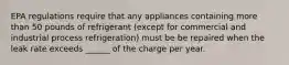 EPA regulations require that any appliances containing more than 50 pounds of refrigerant (except for commercial and industrial process refrigeration) must be be repaired when the leak rate exceeds ______ of the charge per year.