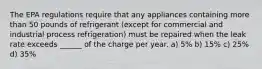 The EPA regulations require that any appliances containing more than 50 pounds of refrigerant (except for commercial and industrial process refrigeration) must be repaired when the leak rate exceeds ______ of the charge per year. a) 5% b) 15% c) 25% d) 35%