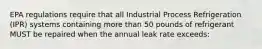 EPA regulations require that all Industrial Process Refrigeration (IPR) systems containing more than 50 pounds of refrigerant MUST be repaired when the annual leak rate exceeds: