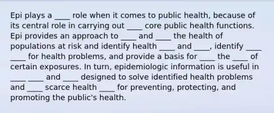 Epi plays a ____ role when it comes to public health, because of its central role in carrying out ____ core public health functions. Epi provides an approach to ____ and ____ the health of populations at risk and identify health ____ and ____, identify ____ ____ for health problems, and provide a basis for ____ the ____ of certain exposures. In turn, epidemiologic information is useful in ____ ____ and ____ designed to solve identified health problems and ____ scarce health ____ for preventing, protecting, and promoting the public's health.