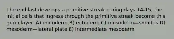 The epiblast develops a primitive streak during days 14-15, the initial cells that ingress through the primitive streak become this germ layer. A) endoderm B) ectoderm C) mesoderm—somites D) mesoderm—lateral plate E) intermediate mesoderm