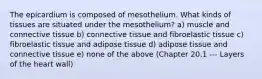 The epicardium is composed of mesothelium. What kinds of tissues are situated under the mesothelium? a) muscle and connective tissue b) connective tissue and fibroelastic tissue c) fibroelastic tissue and adipose tissue d) adipose tissue and connective tissue e) none of the above (Chapter 20.1 --- Layers of the heart wall)