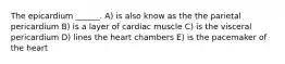 The epicardium ______. A) is also know as the the parietal pericardium B) is a layer of cardiac muscle C) is the visceral pericardium D) lines the heart chambers E) is the pacemaker of the heart