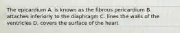 The epicardium A. is known as the fibrous pericardium B. attaches inferiorly to the diaphragm C. lines the walls of the ventricles D. covers the surface of the heart