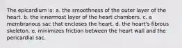 The epicardium is: a. the smoothness of the outer layer of the heart. b. the innermost layer of the heart chambers. c. a membranous sac that encloses the heart. d. the heart's fibrous skeleton. e. minimizes friction between the heart wall and the pericardial sac.