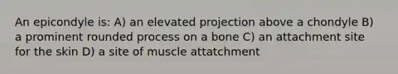 An epicondyle is: A) an elevated projection above a chondyle B) a prominent rounded process on a bone C) an attachment site for the skin D) a site of muscle attatchment