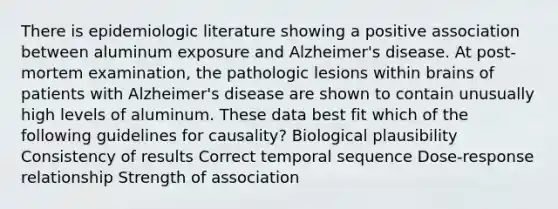 There is epidemiologic literature showing a positive association between aluminum exposure and Alzheimer's disease. At post-mortem examination, the pathologic lesions within brains of patients with Alzheimer's disease are shown to contain unusually high levels of aluminum. These data best fit which of the following guidelines for causality? Biological plausibility Consistency of results Correct temporal sequence Dose-response relationship Strength of association