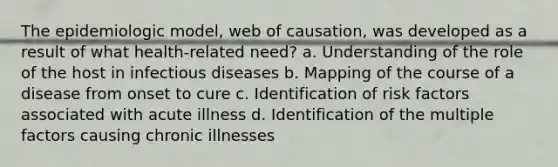 The epidemiologic model, web of causation, was developed as a result of what health-related need? a. Understanding of the role of the host in infectious diseases b. Mapping of the course of a disease from onset to cure c. Identification of risk factors associated with acute illness d. Identification of the multiple factors causing chronic illnesses