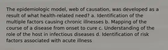 The epidemiologic model, web of causation, was developed as a result of what health-related need? a. Identification of the multiple factors causing chronic illnesses b. Mapping of the course of a disease from onset to cure c. Understanding of the role of the host in infectious diseases d. Identification of risk factors associated with acute illness