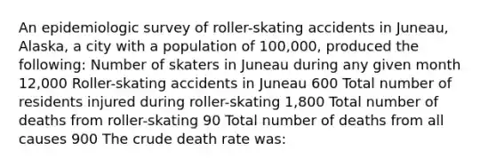 An epidemiologic survey of roller-skating accidents in Juneau, Alaska, a city with a population of 100,000, produced the following: Number of skaters in Juneau during any given month 12,000 Roller-skating accidents in Juneau 600 Total number of residents injured during roller-skating 1,800 Total number of deaths from roller-skating 90 Total number of deaths from all causes 900 The crude death rate was: