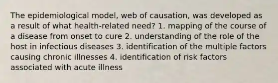 The epidemiological model, web of causation, was developed as a result of what health-related need? 1. mapping of the course of a disease from onset to cure 2. understanding of the role of the host in infectious diseases 3. identification of the multiple factors causing chronic illnesses 4. identification of risk factors associated with acute illness