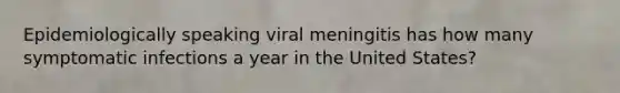 Epidemiologically speaking viral meningitis has how many symptomatic infections a year in the United States?