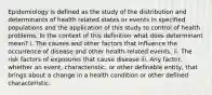 Epidemiology is defined as the study of the distribution and determinants of health related states or events in specified populations and the application of this study to control of health problems. In the context of this definition what does determinant mean? i. The causes and other factors that influence the occurrence of disease and other health-related events. ii. The risk factors of exposures that cause disease iii. Any factor, whether an event, characteristic, or other definable entity, that brings about a change in a health condition or other defined characteristic.