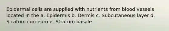 Epidermal cells are supplied with nutrients from blood vessels located in the a. Epidermis b. Dermis c. Subcutaneous layer d. Stratum corneum e. Stratum basale