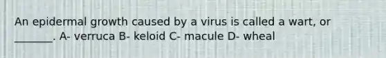 An epidermal growth caused by a virus is called a wart, or _______. A- verruca B- keloid C- macule D- wheal