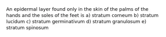 An epidermal layer found only in the skin of the palms of the hands and the soles of the feet is a) stratum corneum b) stratum lucidum c) stratum germinativum d) stratum granulosum e) stratum spinosum