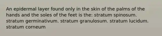 An epidermal layer found only in the skin of the palms of the hands and the soles of the feet is the: stratum spinosum. stratum germinativum. stratum granulosum. stratum lucidum. stratum corneum