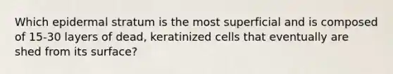 Which epidermal stratum is the most superficial and is composed of 15-30 layers of dead, keratinized cells that eventually are shed from its surface?