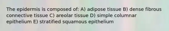 The epidermis is composed of: A) adipose tissue B) dense fibrous connective tissue C) areolar tissue D) simple columnar epithelium E) stratified squamous epithelium