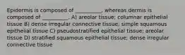 Epidermis is composed of __________, whereas dermis is composed of __________. A) areolar tissue; columnar epithelial tissue B) dense irregular connective tissue; simple squamous epithelial tissue C) pseudostratified epithelial tissue; areolar tissue D) stratified squamous epithelial tissue; dense irregular connective tissue