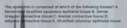 The epidermis is composed of which of the following tissues? A. Keratinized stratified squamous epithelial tissue B. Dense irregular connective tissue C. Areolar connective tissue D. Adipose connective tissue E. Stratified columnar epithelial tissue