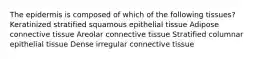 The epidermis is composed of which of the following tissues? Keratinized stratified squamous epithelial tissue Adipose connective tissue Areolar connective tissue Stratified columnar epithelial tissue Dense irregular connective tissue