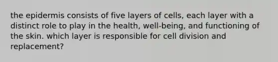 <a href='https://www.questionai.com/knowledge/kBFgQMpq6s-the-epidermis' class='anchor-knowledge'>the epidermis</a> consists of five layers of cells, each layer with a distinct role to play in the health, well-being, and functioning of the skin. which layer is responsible for <a href='https://www.questionai.com/knowledge/kjHVAH8Me4-cell-division' class='anchor-knowledge'>cell division</a> and replacement?