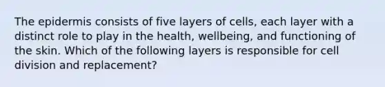 The epidermis consists of five layers of cells, each layer with a distinct role to play in the health, wellbeing, and functioning of the skin. Which of the following layers is responsible for cell division and replacement?