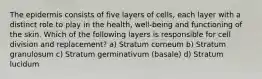 The epidermis consists of five layers of cells, each layer with a distinct role to play in the health, well-being and functioning of the skin. Which of the following layers is responsible for cell division and replacement? a) Stratum corneum b) Stratum granulosum c) Stratum germinativum (basale) d) Stratum lucidum