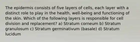 <a href='https://www.questionai.com/knowledge/kBFgQMpq6s-the-epidermis' class='anchor-knowledge'>the epidermis</a> consists of five layers of cells, each layer with a distinct role to play in the health, well-being and functioning of the skin. Which of the following layers is responsible for <a href='https://www.questionai.com/knowledge/kjHVAH8Me4-cell-division' class='anchor-knowledge'>cell division</a> and replacement? a) Stratum corneum b) Stratum granulosum c) Stratum germinativum (basale) d) Stratum lucidum