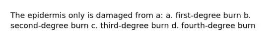 <a href='https://www.questionai.com/knowledge/kBFgQMpq6s-the-epidermis' class='anchor-knowledge'>the epidermis</a> only is damaged from a: a. first-degree burn b. second-degree burn c. third-degree burn d. fourth-degree burn