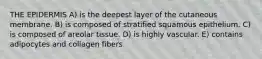 THE EPIDERMIS A) is the deepest layer of the cutaneous membrane. B) is composed of stratified squamous epithelium. C) is composed of areolar tissue. D) is highly vascular. E) contains adipocytes and collagen fibers