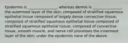 Epidermis is ________________, whereas dermis is ________________. the outermost layer of the skin; composed of stratified squamous epithelial tissue composed of largely dense connective tissue; composed of stratified squamous epithelial tissue composed of stratified squamous epithelial tissue; composed of connective tissue, smooth muscle, and nerve cell processes the innermost layer of the skin; under the epidermis none of the above.