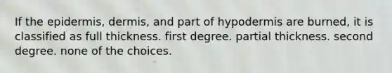 If <a href='https://www.questionai.com/knowledge/kBFgQMpq6s-the-epidermis' class='anchor-knowledge'>the epidermis</a>, dermis, and part of hypodermis are burned, it is classified as full thickness. first degree. partial thickness. second degree. none of the choices.