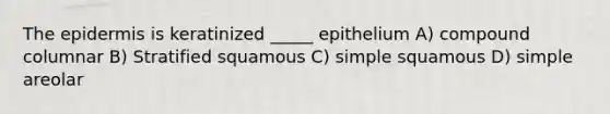 <a href='https://www.questionai.com/knowledge/kBFgQMpq6s-the-epidermis' class='anchor-knowledge'>the epidermis</a> is keratinized _____ epithelium A) compound columnar B) Stratified squamous C) simple squamous D) simple areolar